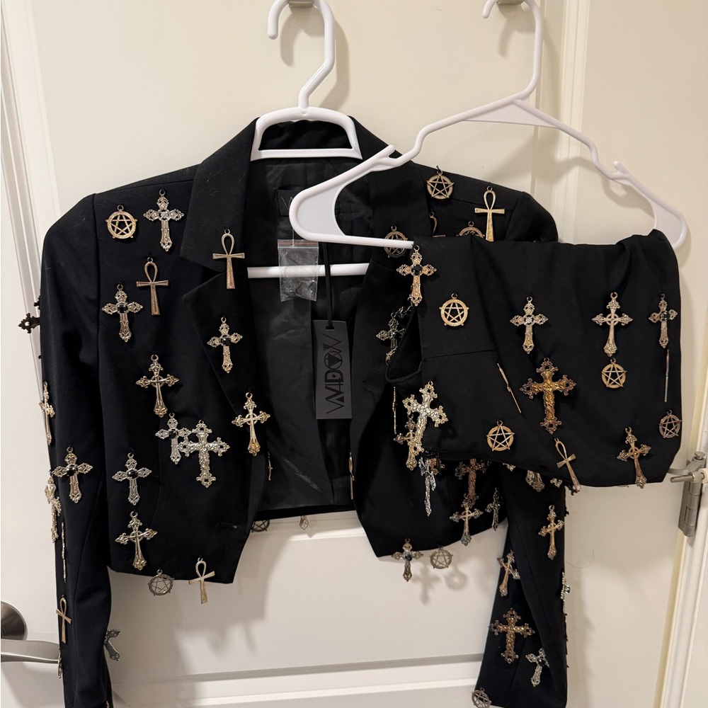 Cropped Black Blazer with Cross Embellishments and Skirt Set